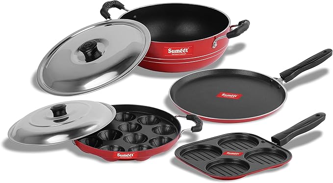 Sumeet 2.6 mm Thick Non-Stick Rojo Cookware Set (Dosa Tawa 26.5 cm Dia Mini Multi Snack Maker 19.5 cm Dia Kadhai with Lid 1.5 Ltr Capacity 20 cm Dia Grill Appam Patra with Lid 23 cm Dia)