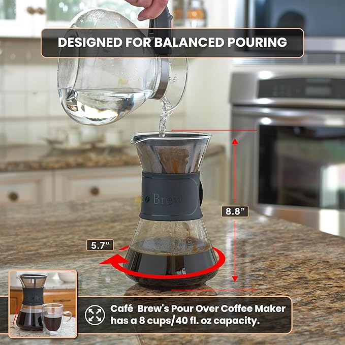 CAFE BREW COLLECTION Pour Over Coffee Maker with Permanent Filter 1.2 Liter 40 Ounce Black Band
