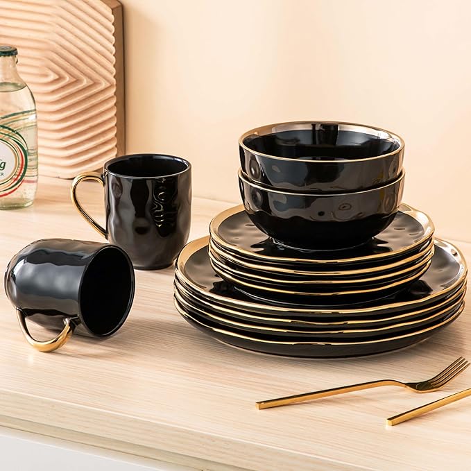 LOVECASA 16 Pieces Plates and Bowls Sets Porcelain Black and Gold Dinnerware Sets Round Dinner Plates Dishes Set Service for 4 Dishwasher Safe and Scratch Resistant Black