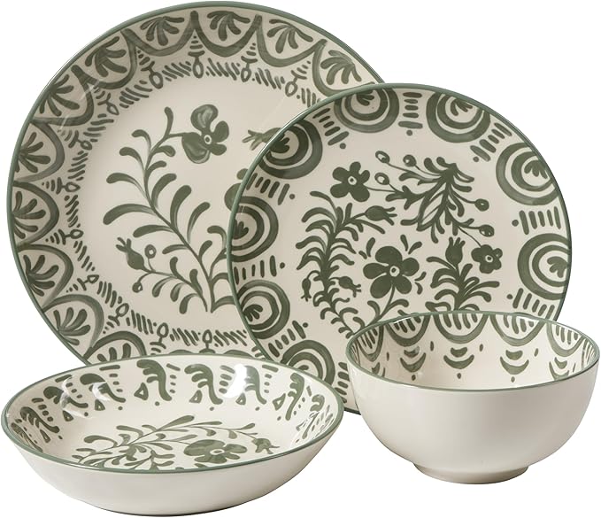 Bloomhouse - 2-Time Oprah’s Favorite Things - Valencia Flor 16 Piece Dinnerware Set Artisanal Decorated Stoneware Plates &amp Bowls Service for 4 Microwave &amp Dishwasher Safe Fern Green