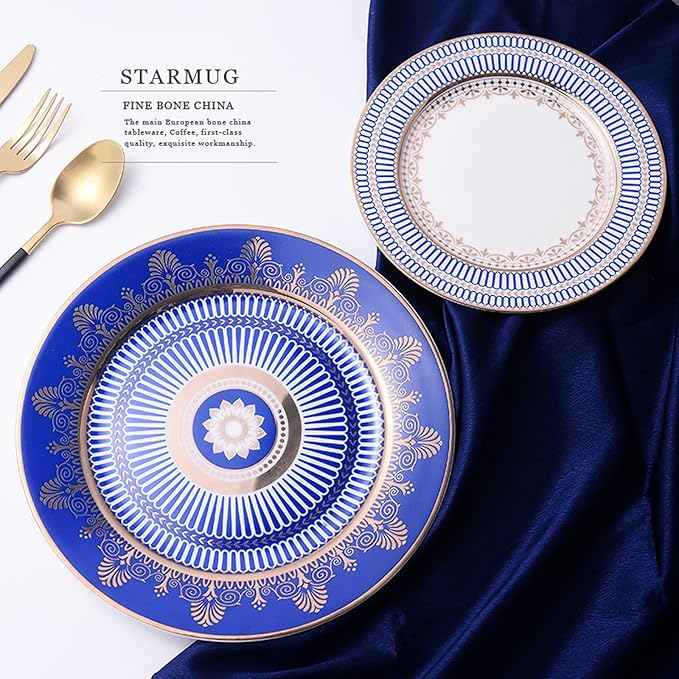 European Style Dinnerware Set Service for 6 Bone China Dinnerware Sets Unbreakable Porcelain Dinner Sets Coffee Cup and Saucer Tableware Set Steak Dinner Plates Dish Set Lan Yaojin-07
