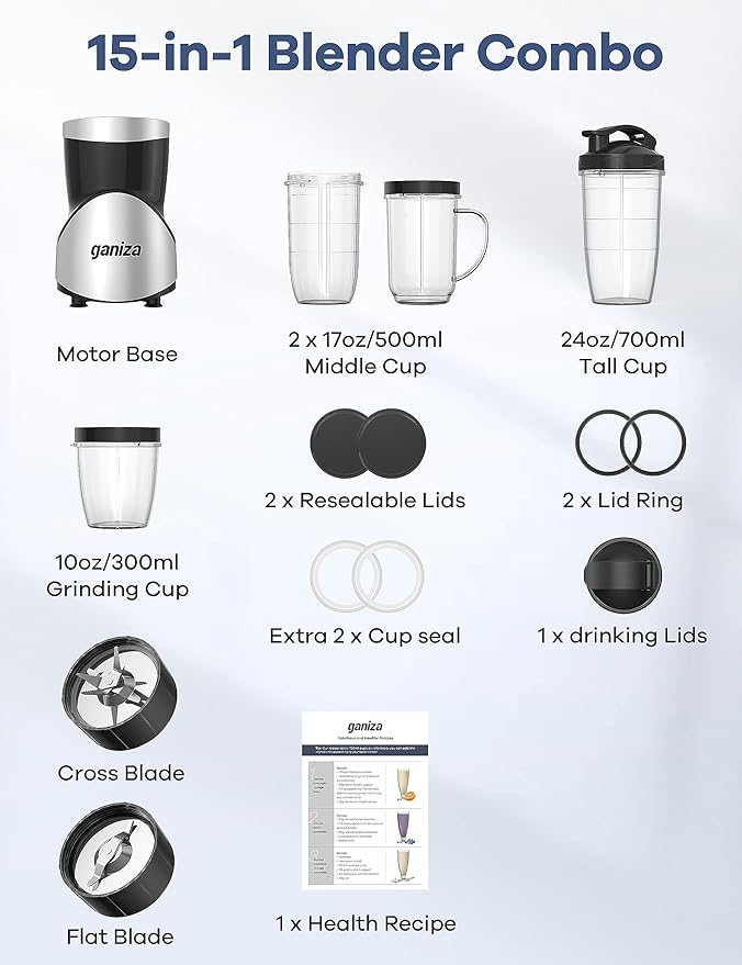 Ganiza Smoothie Blender 900W Blenders for Shakes and Smoothies 15-Piece Personal Blender and Grinder Combo for Kitchen Smoothies Maker with 4 BPA-Free Portable Cup Nutritious Recipe
