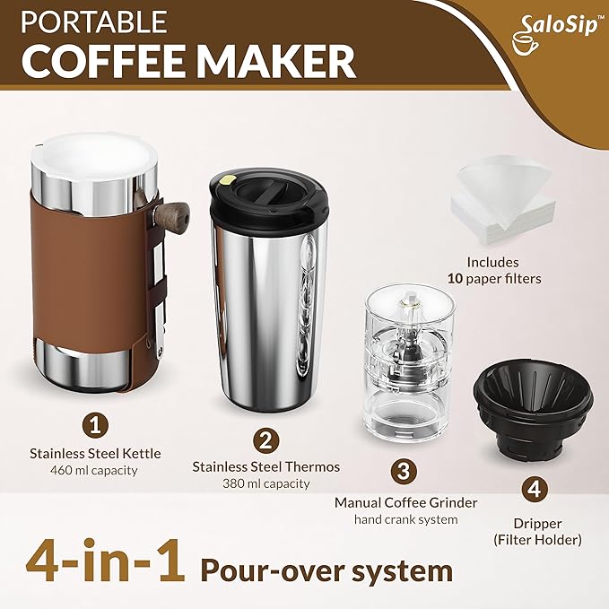 4-in-1 Portable Manual Pour Over Coffee Maker with Grinder – Travel &amp Camping Pour Over Set – All-in-One Portable Coffee Brewer Kit with Stainless Steel Kettle Thermal Mug &amp Dripper