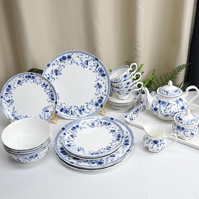 Fine Bone China Dinnerware Set 12-Piece Blue and White Porcelain Dinnerware Set Plates and Bowls Sets Service for 4(Blue A)