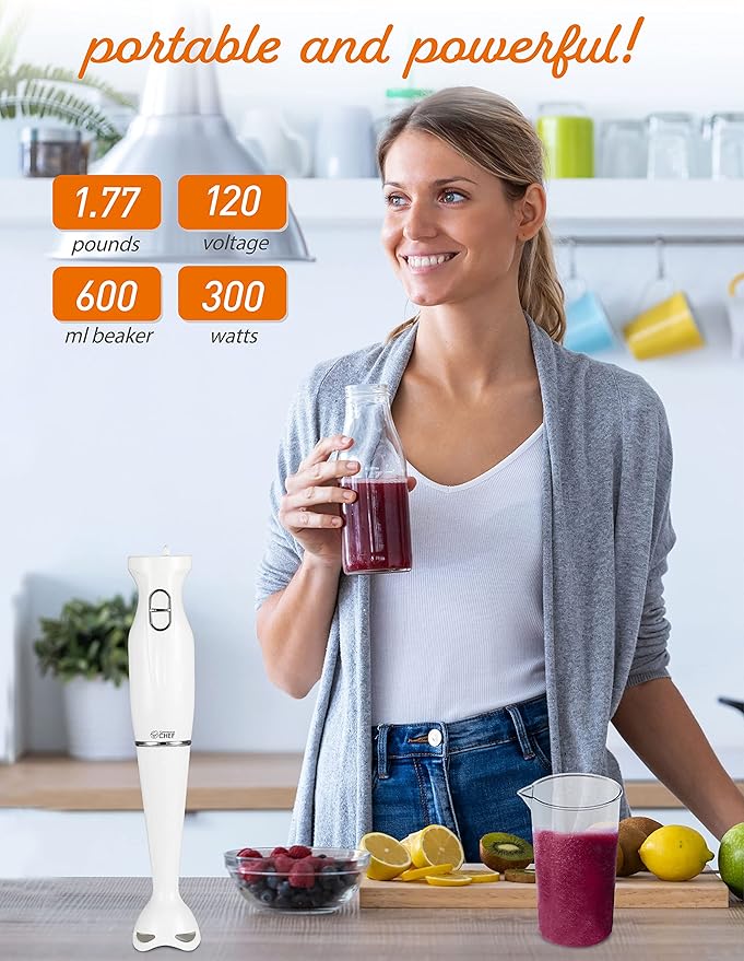 COMMERCIAL CHEF Immersion Blender Hand Blender with Stainless Steel Blades Immersion Blender with Quiet Motor Electric Mini Blender for Delicious Food