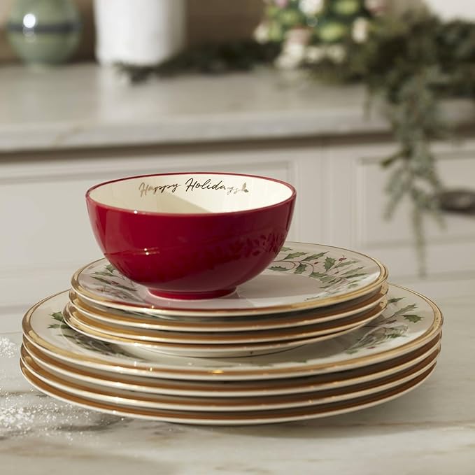 Lenox Holiday 6-Piece Salad Plates Dinnerware Set Service For 6 Porcelain Dishwasher Safe Round Plates Set Ivory Red &amp Green Perfect for Gatherings Hosting Christmas Dinnerware (Ivory 6 Pi