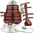NutriChef 17pcs Brown Stackable Pots and Pans Set Nonstick Induction Cookware Space Saving Cookware Easy Clean Ideal For RV and Camper Includes a Foldable Steamer Basket and Cooking Utensils