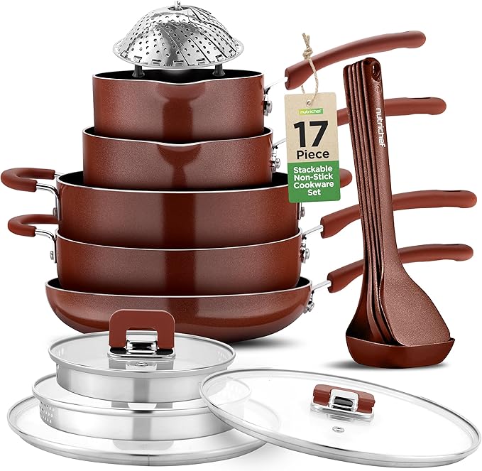NutriChef 17pcs Brown Stackable Pots and Pans Set Nonstick Induction Cookware Space Saving Cookware Easy Clean Ideal For RV and Camper Includes a Foldable Steamer Basket and Cooking Utensils