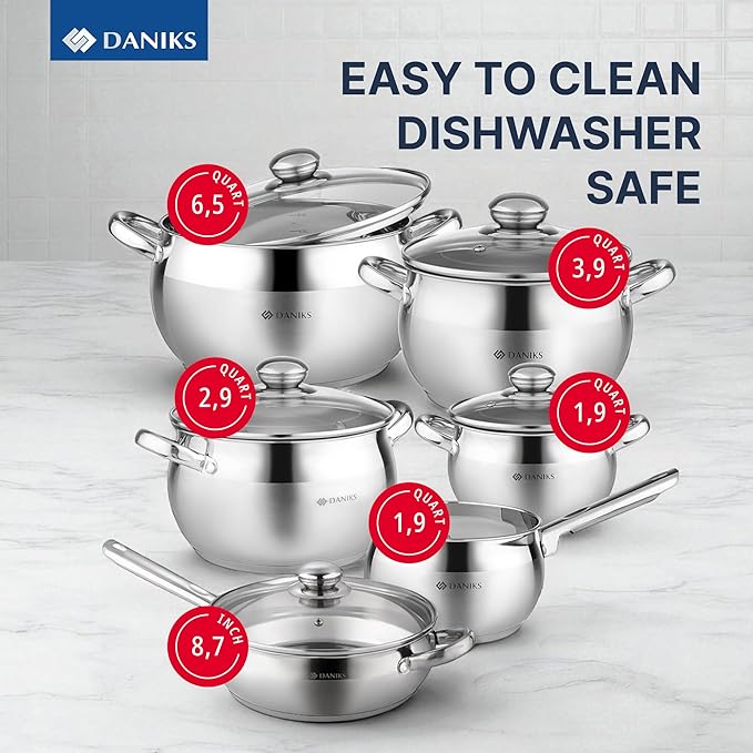 Daniks Classic 11-Piece Stainless Steel Cookware Set with Glass Lids Includes Saucepan and Frying Pan with Lid Tri-Ply Bases for Even Heating Induction Compatible Dishwasher Safe