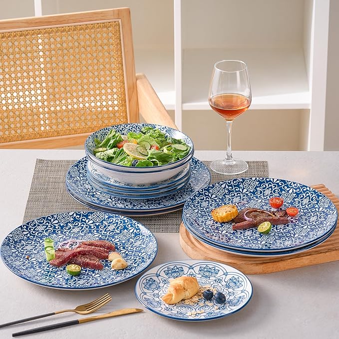Bestone Porcelain Dinnerware Sets Service for 4 12 pcs Hand drawn Plates and Bowls Sets Handmade Ceramic Dish Set Chip Resistant Modern Plate Set Dishwasher/Microwave SafeVintage Blue