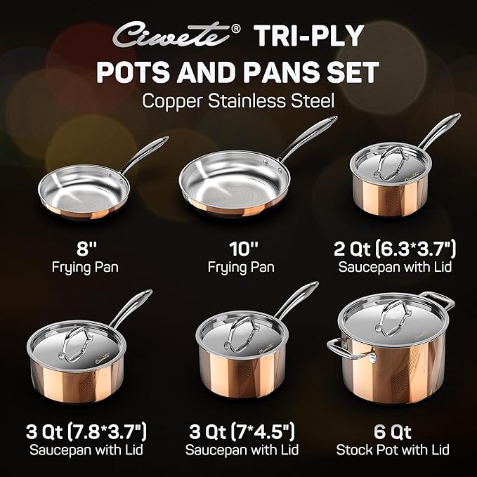 Whole Tri-ply 18/10 Stainless Steel Cookware Set 10 Pcs Elegant Copper Pots and Pans Set Induction Cookware Frying Pans Saucepans &amp Stock Pot with Lid Ideal Gift for Wedding Housewarming