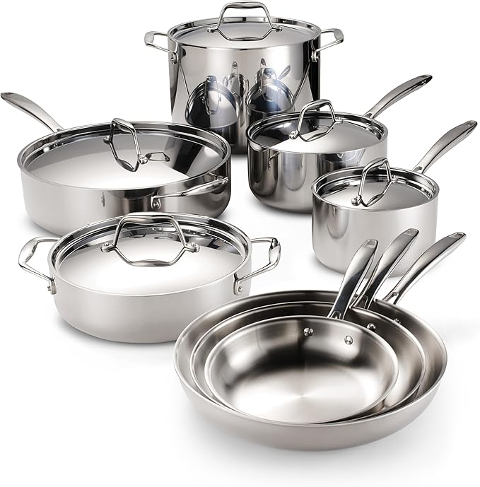 Tramontina Signature Tri-Ply Clad Stainless Steel 13-Piece Cookware Set with Lids Pots and Pans Kitchen Set Induction-Ready Dishwasher-Safe NSF-Certified