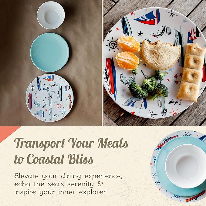 Melamine Dinnerware Sets - 6-pc Marine Dish Set - 2 Bowls 2 Salad &amp 2 Dinner Melamine Plates for Indoor &amp Outdoor - BPA Free Dishwasher Safe Shatter-Res Dinnerware Set - Camping Dishes Cam