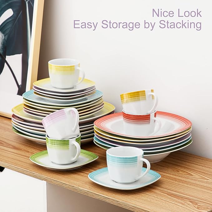 VEWEET Spark Series 30-Piece Dinner Set Ivory White China Ceramic Dinner Combi-Set with Dessert Plates/Soup Plates/Dinner Plates/Cups/Saucers Service for 6