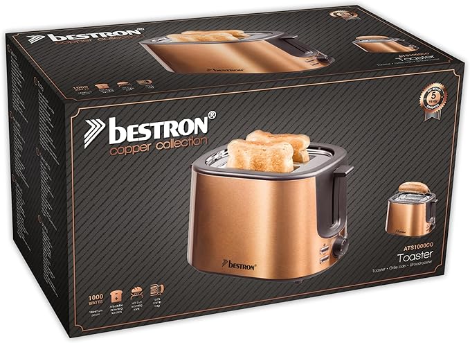 Bestron ATS1000CO Toaster with 2 sleds crumb tray and roll top 1000W color: copper