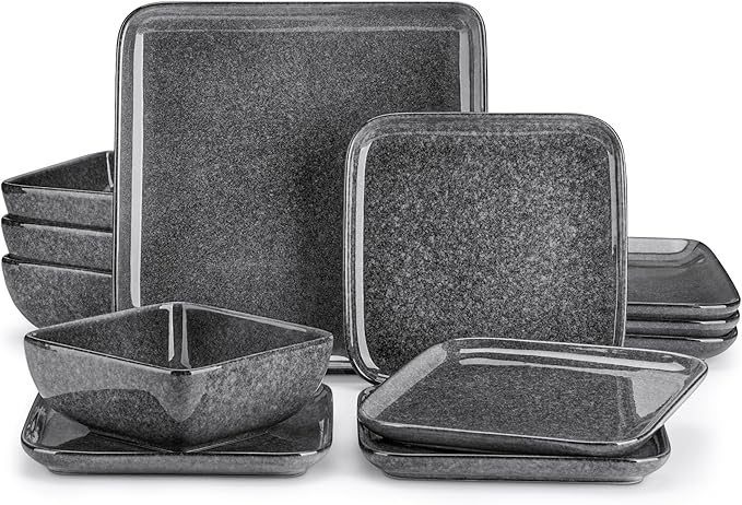 vancasso Stern Gray Dinner Set Square Reactive Glaze Tableware 12 Pieces Kitchen Dinnerware Stoneware Crockery Set with Dinner Plate Dessert Plate Bowl Service for 4