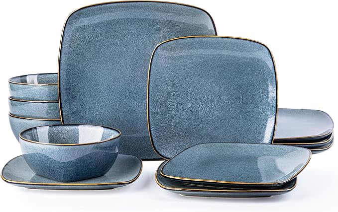 AmorArc Ceramic Dinnerware Sets for 4 12 Pieces Square Handpainted Plates and Bowls Set Chip and Scratch Resistant Stoneware Dishes Set Dishwasher &amp Microwave Safe Ocean Blue