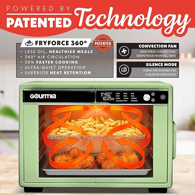 Gourmia French Door Air Fryer Oven - 37 Qt Large Capacity Convection Toaster Oven FryForce 360° Digital Display 12 Cooking Presets Dehydrate Fits 13” Pizza Dishwasher-Safe Green