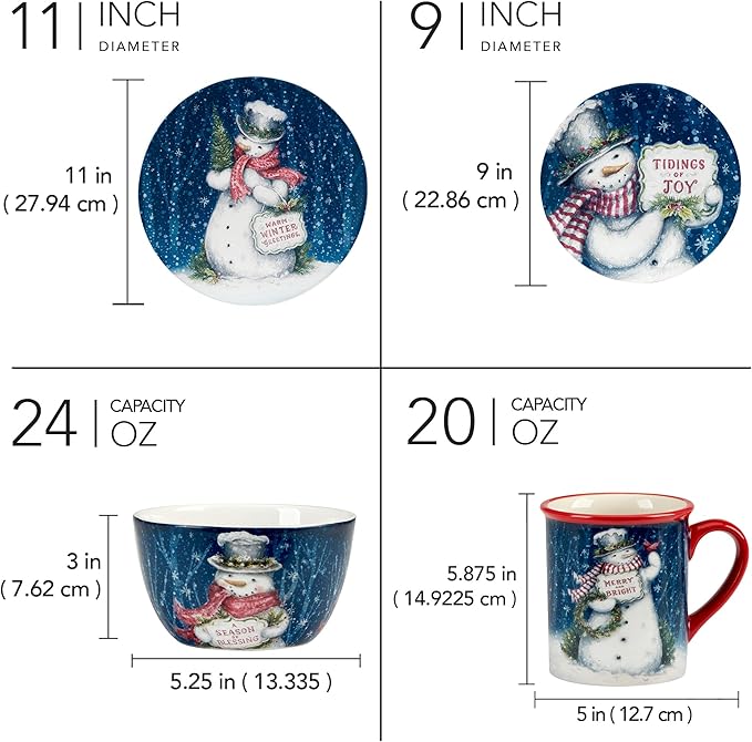 Certified International Snowman Greetings 16 Pc Dinnerware Set Service for 4
