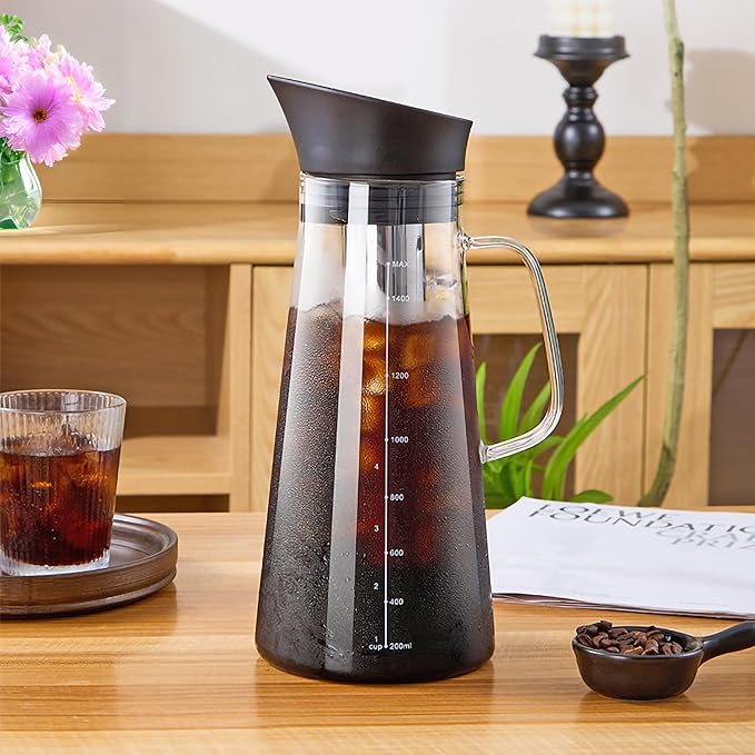 FixtureDisplays® 51oz/1.5L Cold Hot Full Immersion Brew Iced Coffee Maker Pitcher and Ice Tea Brewer with Spout &amp Silicone Seals Glass Pitcher with 304 Stainless Steel Fine-Mesh Filter 22112-2D