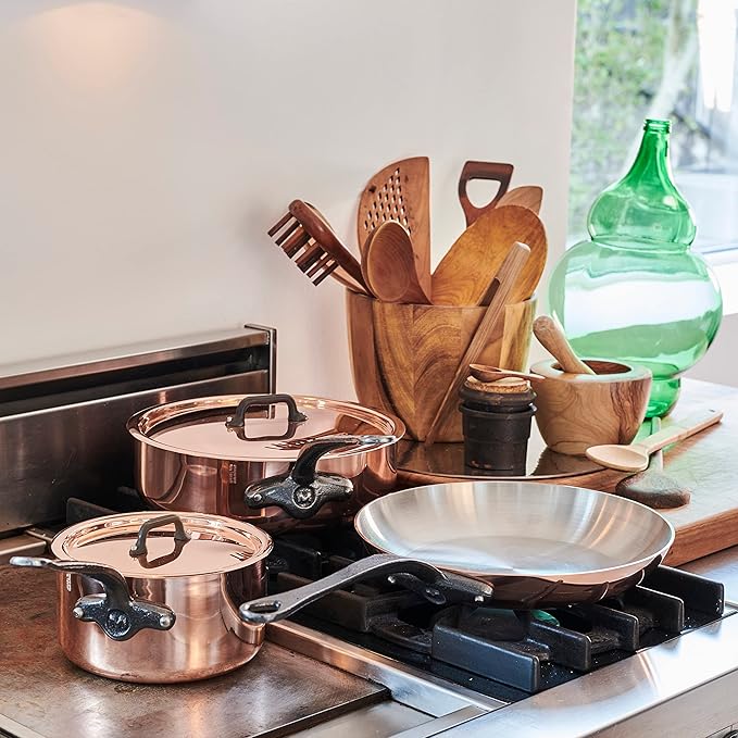 Mauviel M'Heritage 150 CI 1.5mm Polished Copper &amp Stainless Steel DeLuxe 3-Piece Cookware Set With Sauce Pan With Lid 1.8-Qt and Frying Pan 7.8-In Cast Iron Handles Made in France