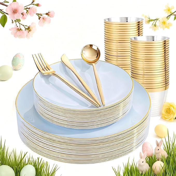 bUCLA 150PCS Blue Plastic Plates - Light Blue and Gold Disposable Include 25 Each (Dinner &amp Dessert) Plates 25 Knives 25 Forks 25 Spoons and 25 Cups Ideal for Party Easter Birthday &amp Wed