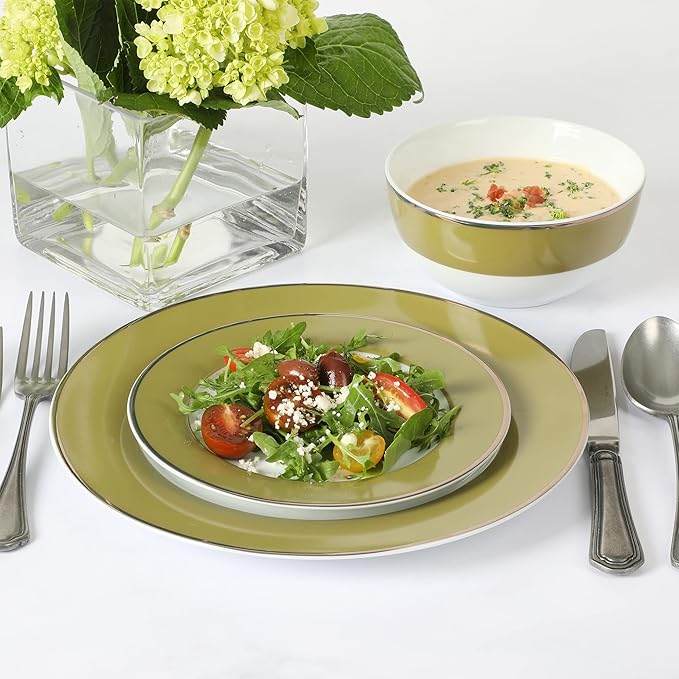 Martha Stewart Gracie Lane 12 pc Porcelain Decorated Chip and Scratch Resistant Dinnerware Set - Olive Green w/Gold Rim
