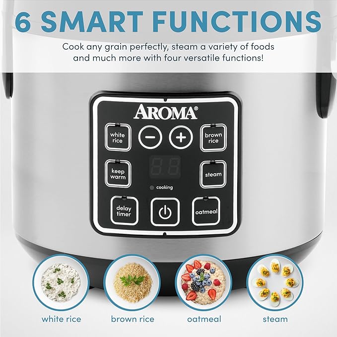 AROMA® 8-Cup (Cooked) / 2 Qt. Digital Rice &amp Grain Multicooker Durable Nonstick Inner Pot Oatmeal Steam White &amp Brown Rice Keep Warm