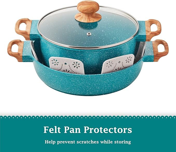 14-Piece Cast Aluminum Cookware Set with Lids Utensils and Pan Protectors – Nonstick Interior &amp Speckled Exterior – Teal Speckle