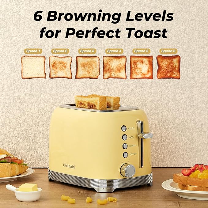 Toaster 2 Slice Retro Stainless Steel with 1.5” Extra Wide Slots Bagel Defrost Reheat Cancel Functions 6 Bread Shade Settings Removable Crumb Tray Yellow