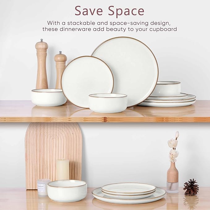 Herogo 24 Pieces Stoneware Dinnerware Dishes Sets for 8 Kitchen Handmade Dining Plates and Bowls Sets Double Reactive Glaze Microwave &amp Dishwasher Safe Scratch Resistant Ivory White