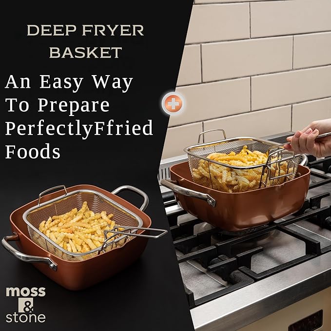 Moss &amp Stone 7 Pcs Copper Chef Cookware Non Stick Deep Frying Pan 9.5 x 3.5 Fry Basket Dishwasher &amp Oven Safe 5 Qt Deep Square Pot Non Stick Pan &amp Round Pot Induction Copper Cookwar