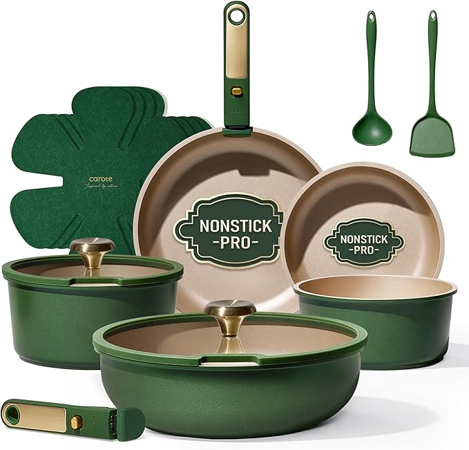 CAROTE Green&ampGold Nonstick Cookware Set15Pcs Pots and Pans Set Non Stick Detachable/Removable HandleKitchen Cooking Set Dishwasher Safe RV Kitchen Pot and Pan Induction Cookware