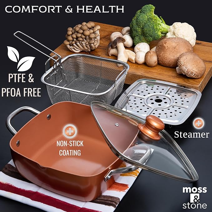 Moss &amp Stone 5 Pcs Copper Chef Cookware Non Stick Deep Frying Pan Fry Basket Steamer Rack Dishwasher &amp Oven Safe 5 Qt Deep Square Pan Induction Copper Cookware Set - 9.5 x 3.5