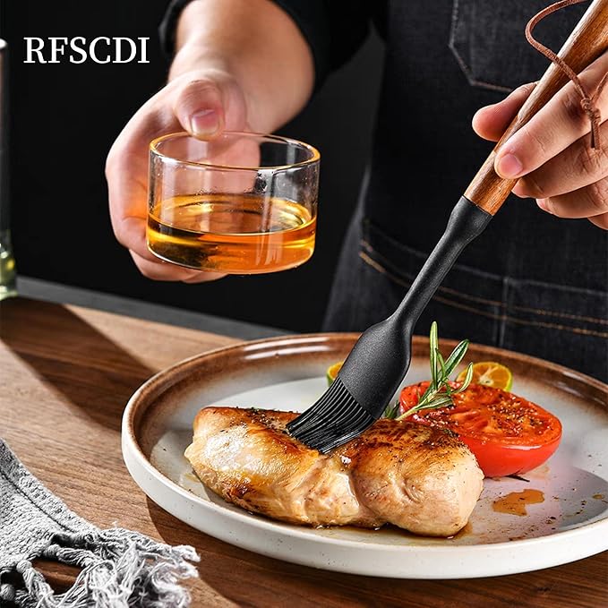 Exquisite Silicone Cooking Utensils Set - Non-Toxic Heat-Resistant Kitchen Utensils Set with Food-Grade Silicone &amp Wood Handles - Includes Spatula &amp Spoon for Non-Stick Cookware Black