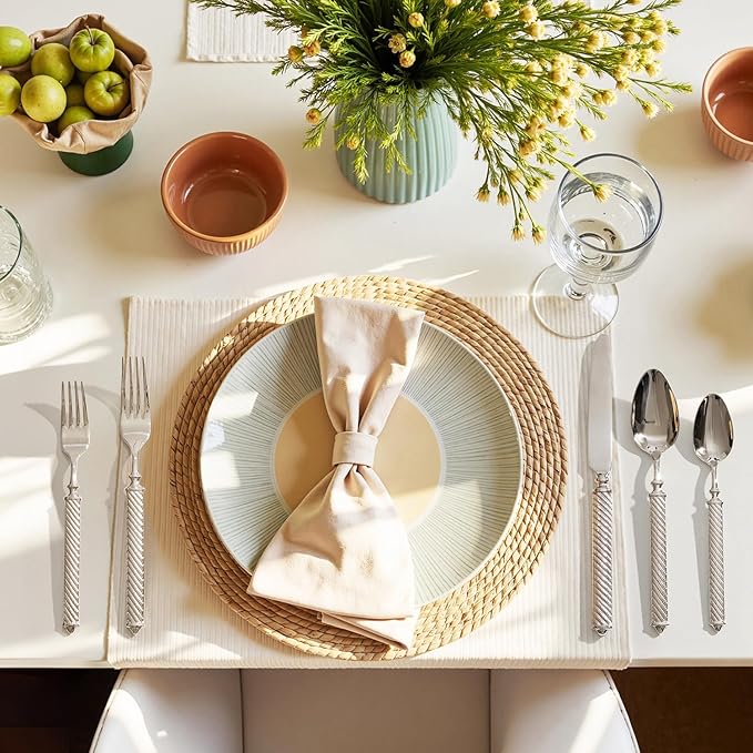 KINGSTONE Retro Rope-Pattern Silverware Set 40-Piece Flatware Set Cutlery Set Forged with Handcrafted Texture Handles 18/10 Stainless Steel Dishwasher Safe