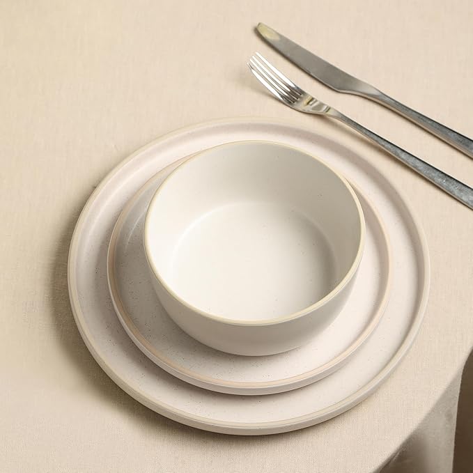 Earth &amp Clay Amber 24-Piece Dinnerware Set Stoneware Dishwasher and Microwave Safe Plates and Bowls Set Dish Set for 8 White Speckled