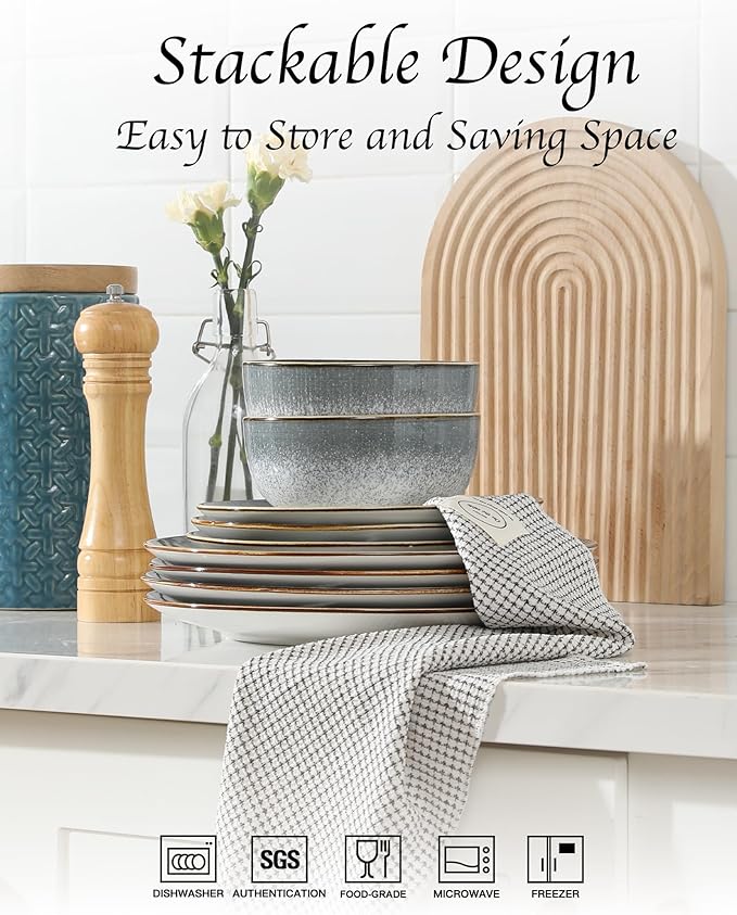 Sweejar Dinnerware Sets Service for 4 12 pcs Porcelain Plates and Bowls for Kitchen Housewaring Gift Chip and Scratch Resistant Dish Set Handmade Dishwasher and Microwave Safe Plate Set LightGray
