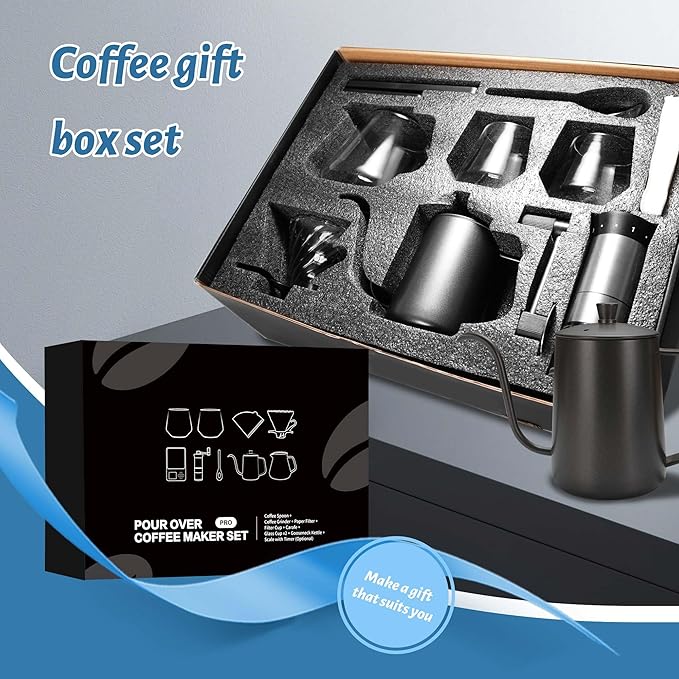 SuperCook Hand Drip Pour Over Coffee Set All in One Includes Gooseneck Kettle V60 Glass Dripper Paper Filter Cups Manual Grinder Scale Ideal for Anniversary Birthday Gift
