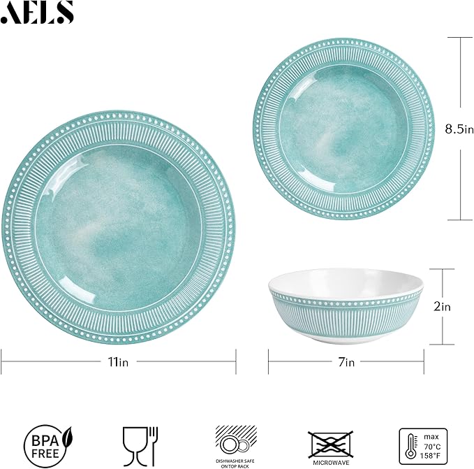 AELS Melamine Dinnerware Set of 12 Pcs Dinner Dishes Set for Indoor and Outdoor Use Melamine Plates and Bowls Set for 4 Dishwasher Safe Lightweight Unbreakable BPA Free Green