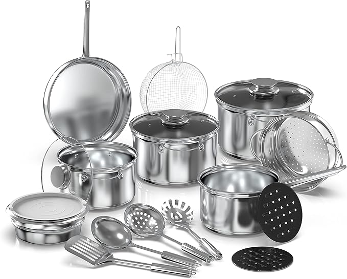 YSSOA 18-Piece Stainless Steel Kitchen Cookware Set Including Saucepan Casseroles with Tempered Glass Lid Frypan Steamer Salad Bowl  Fryer Basket Heat Resistant Mat &amp Utensils Set Silver