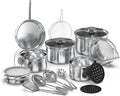 YSSOA 18-Piece Stainless Steel Kitchen Cookware Set Including Saucepan Casseroles with Tempered Glass Lid Frypan Steamer Salad Bowl  Fryer Basket Heat Resistant Mat &amp Utensils Set Silver