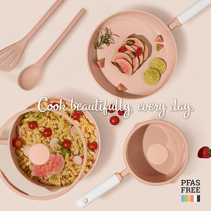 CAROTE Ceramic Cookware Set Nonstick 9pcs Pots and Pans Set Non stick Non-Toxic &amp PFAS-FreeDishwasher RV/Camping Cookware SetSauce Pan with Lid Pink
