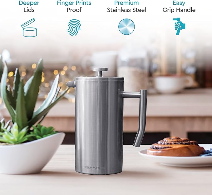Belwares French Press Coffee Maker 50 oz - Large 304 Stainless Steel Double Wall Insulated Thermal Coffee Press for Home Kitchen 4-Level Filtration with Extra Screens Dishwasher Safe 1.5L Silver