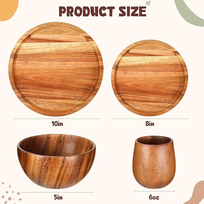 Maxdot 16 Pcs Acacia Wood Dinnerware Set Round Wooden PlatesSolid Wooden Bowls and Tea Cups Acacia Wood Tableware Supplies Easy Cleaning &amp Lightweight for Dishes Snack Dessert Set for 4