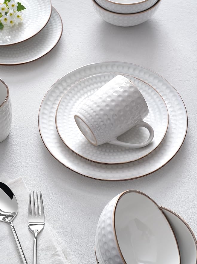 Famiware Eden Plates and Bowls Sets Stoneware Dinnerware Sets with Gold Trim 12 Pieces Dishes Set for 4 - Chip and Scratch Resistant Microwave and Dishwasher Safe White Circle