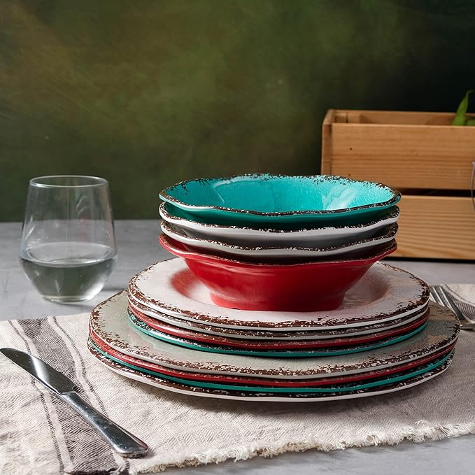 LEHAHA BPA Free Rustic Melamine Plate and Bowl Dinnerware Set Perfect for Indoor Outdoor Dining Party Camping 12 Piece Unbreakable Dinnerware Set Service for 4