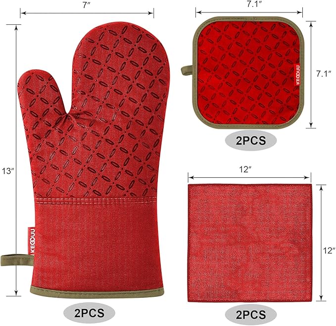 KEGOUU Oven Mitts and Pot Holders 6pcs Set Kitchen Oven Glove High Heat Resistant 500 Degree Extra Long Oven Mitts and Potholder with Non-Slip Silicone Surface for Cooking (Red)