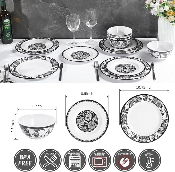 Melamine Dinnerware Sets 12pcs-Melamine Plates and Bowls Set Black Flower Lily Pattern Indoor Outdoor Use Unbreakable Dishwasher Safe