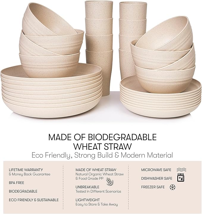Wheat Straw Dinnerware Sets | Unbreakable Dinnerware Sets | Dishwasher Microwave Safe Dinnerware | Eco Friendly Non Breakable Dinnerware Sets | RV Outdoor Camping (Beige Service for 8 (32 pcs))